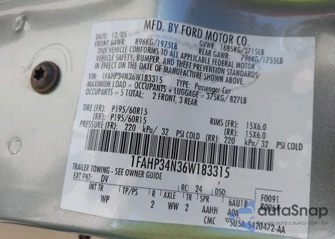 2006 Ford Focus Zx4 z USA, uszkodzony, nr VIN 1FAHP34N36W183315